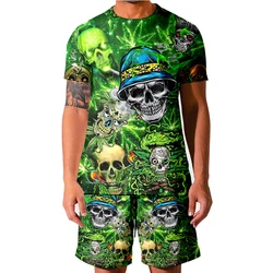 Conjunto de pantalones cortos informales para hombre, Camiseta con estampado de calavera verde y pantalones cortos, traje de 2 piezas, chándal de moda, 5XL, novedad de verano 2021