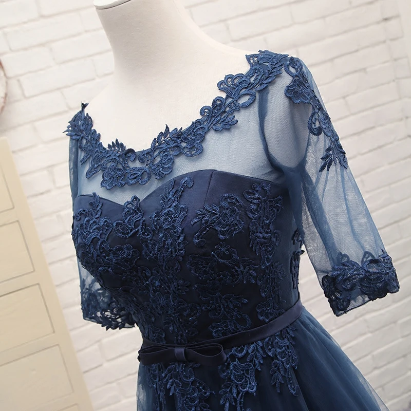 Robe de soiree 2023 wholesale Scoop Neck Half Transparent Lace Embroidery long Navy blue party prom dress Bridesmaid Dresses