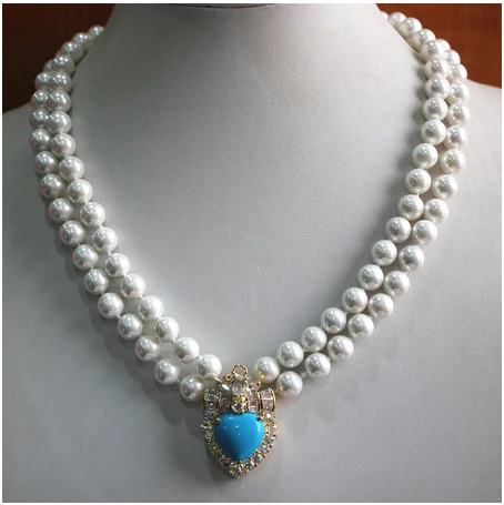 

2 rows 18inches 8mm white shell pearl necklace+ blue Turquoise Zircon plated pendant