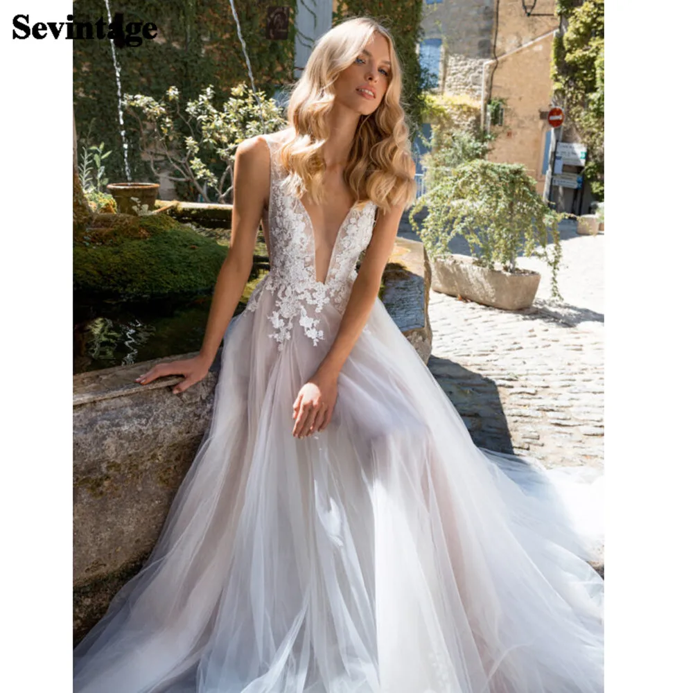 201 nova sexy com decote em v rendas praia vestidos de casamento apliques sem costas vestidos de casamento longos boho feito sob encomenda do campo vestido de noiva