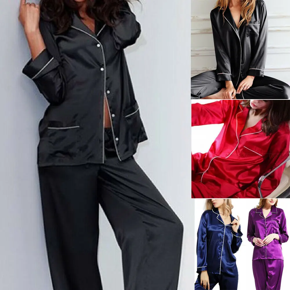 New Elegant Fashion Casual Women Lady Satin Pajamas Set Pyjama Sleepwear Nightwear Loungewear Homewear