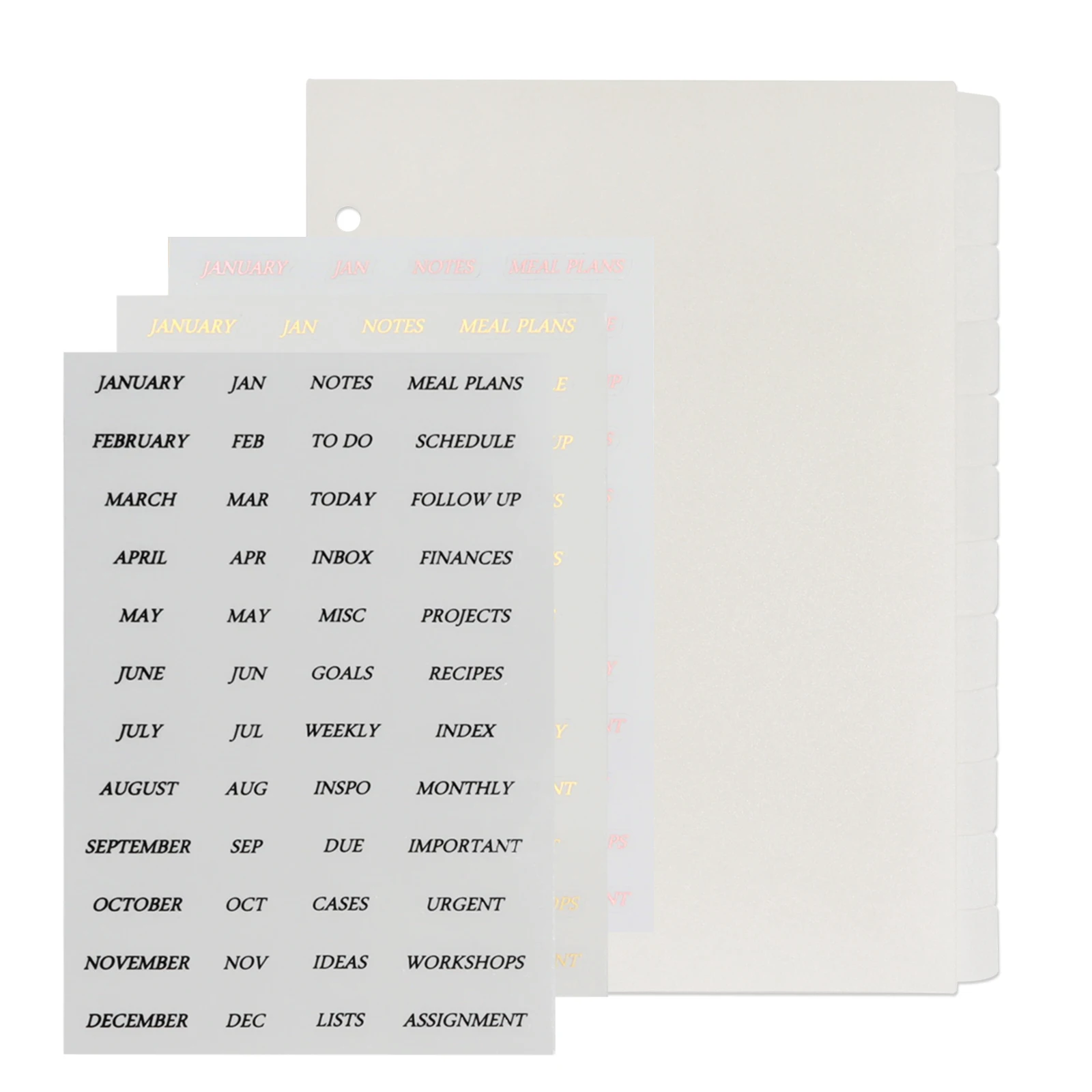 6 Holes 12 Pages Transparent White Index Divider Page With Month Label Sticker A5 PP Translucent Binder Index Divider Page