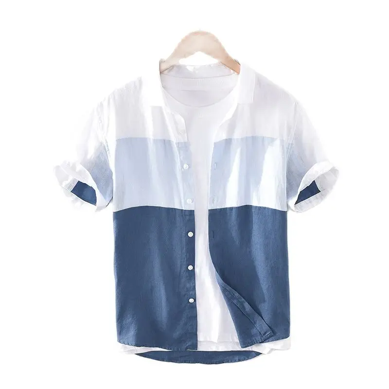 1728 Men Summer Fashion Japan Simple Harakuju High Quality 100% Linen Fabric Gradient Patchwork Short Sleeve Casual Slim Shirts