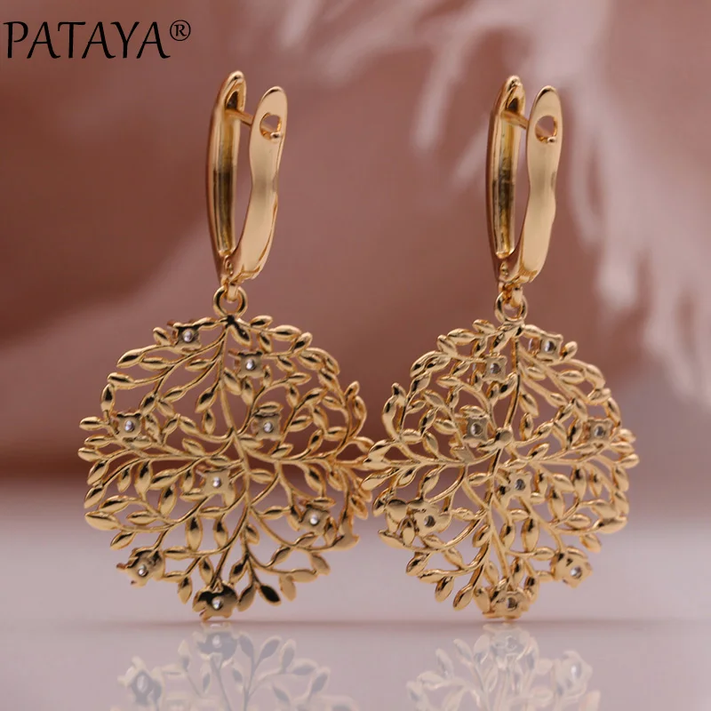 PATAYA New Safe Tree Long Earrings 585 Rose Gold Color Hollow Unique Fashion Jewelry Christmas Gift Natural Zircon Drop Earring