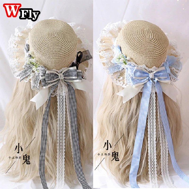 Harajuku Women Girls Summer Straw Hats Beach Sun Hat Sweet Lolita Princess Lace Bow Ribbon Straw Hat ladies sunhat Handmade