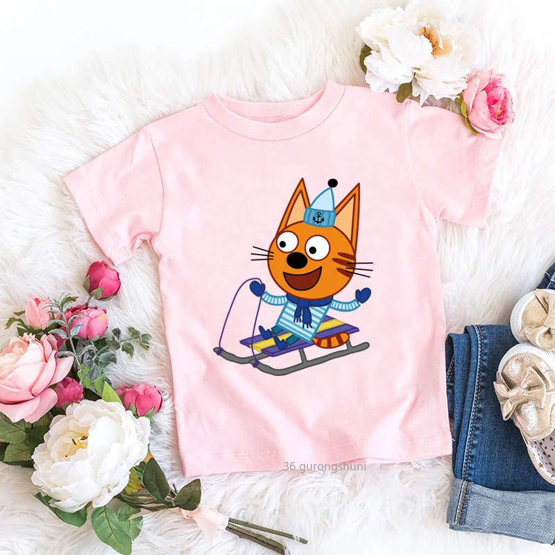 Trzy kocięta Cartoon dzieci ubrania T-shirt dla dziewczynek/chłopców śliczne Harajuku dzieci T Shirt topy letnia koszulka na co dzień odzież niemowlęca