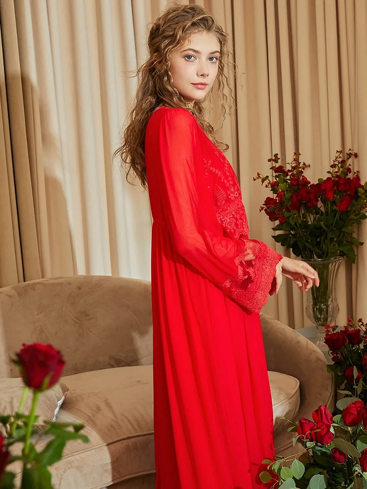 Vintage Red Color Women\'s 2 Pieces Robe Sets Long Sleeve Royal Embroidery Lace Sexy Nightwear Bride Wedding Sleep Robes