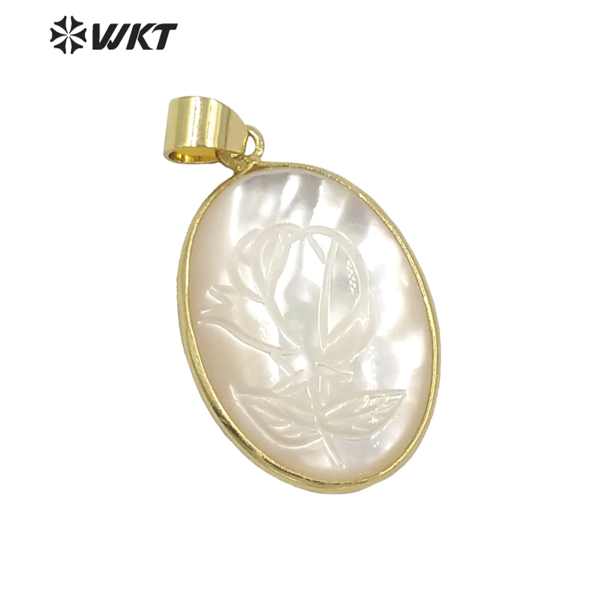 

WT-JP266 Wholesale Lovely Fashion Gold Bezel Mother Of Pearl Carved Rose Flower Pendant Gorgeous Oval Shape White ACC Crafts