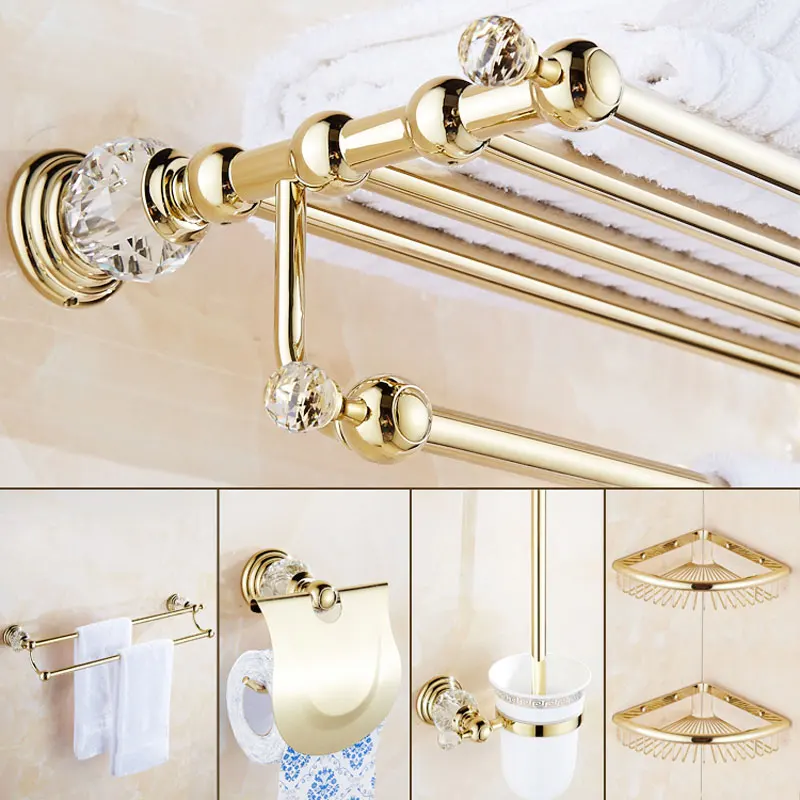 Luxury Crystal Silver Bathroom Accessories Set Gold Polished Brass Bath Hardware Set Wall Mounted Bathroom Products Basket Rack3