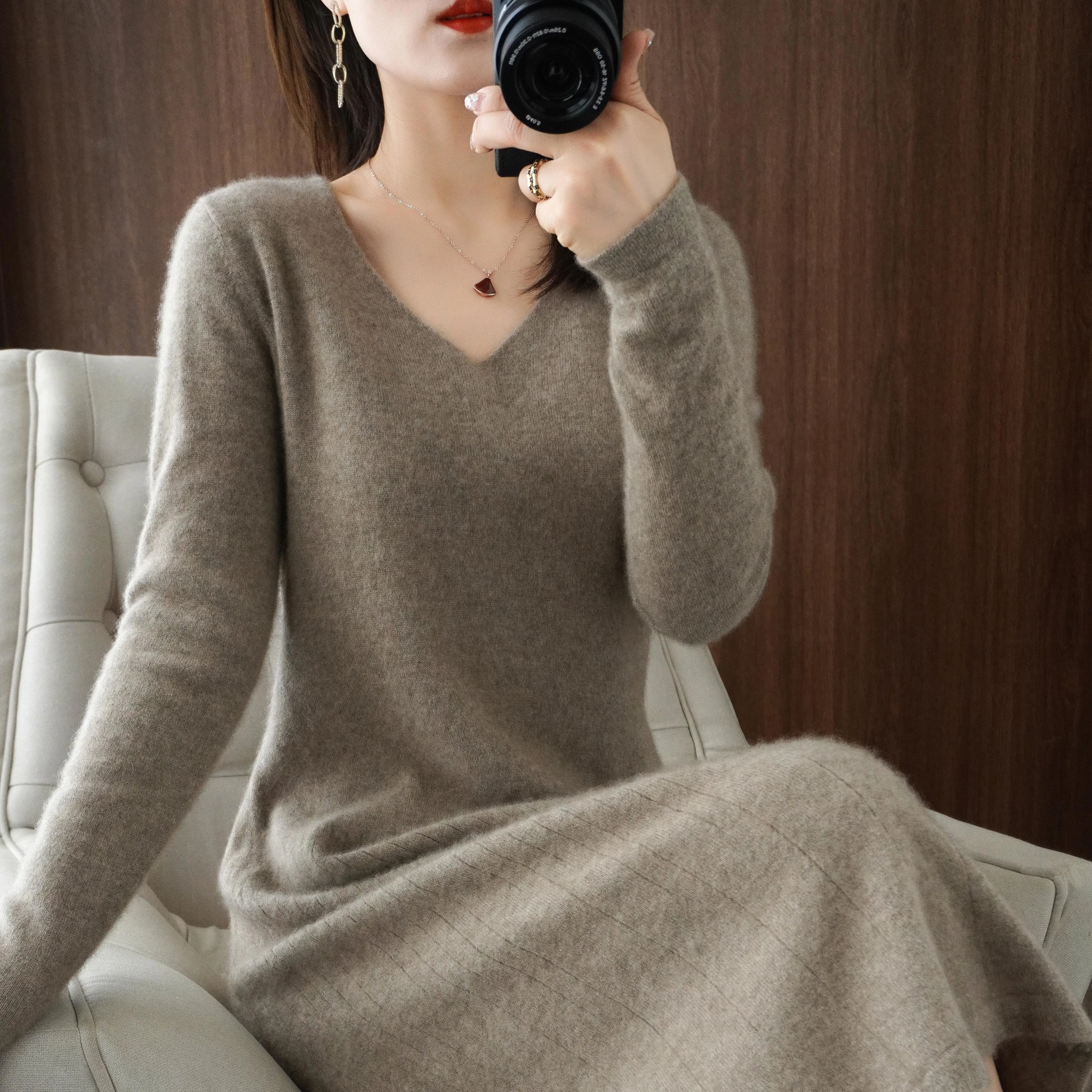 Women\'s 100% Merino Wool Knit Sweater Dress, Vneck Loose Dress, Full Sleeve Jumpers, Hot Sale, Winter, Autumn