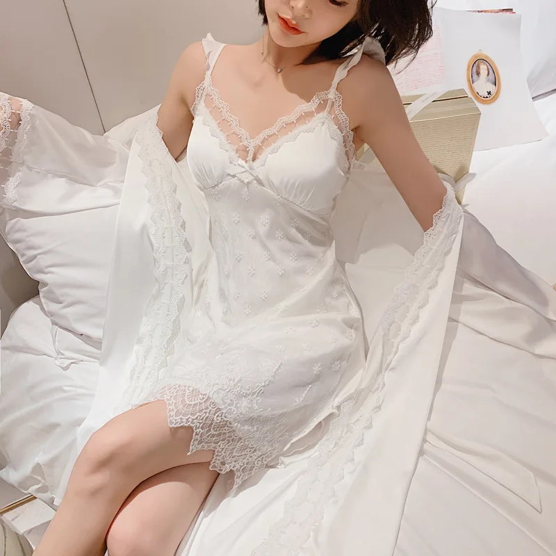 Silk Nightgown Set Women 2pcs Robe Suit Spring Sleepwear Pajamas Sexy Nightwear Sleep Kimono Gown Palace Lace Princess Bathrobe