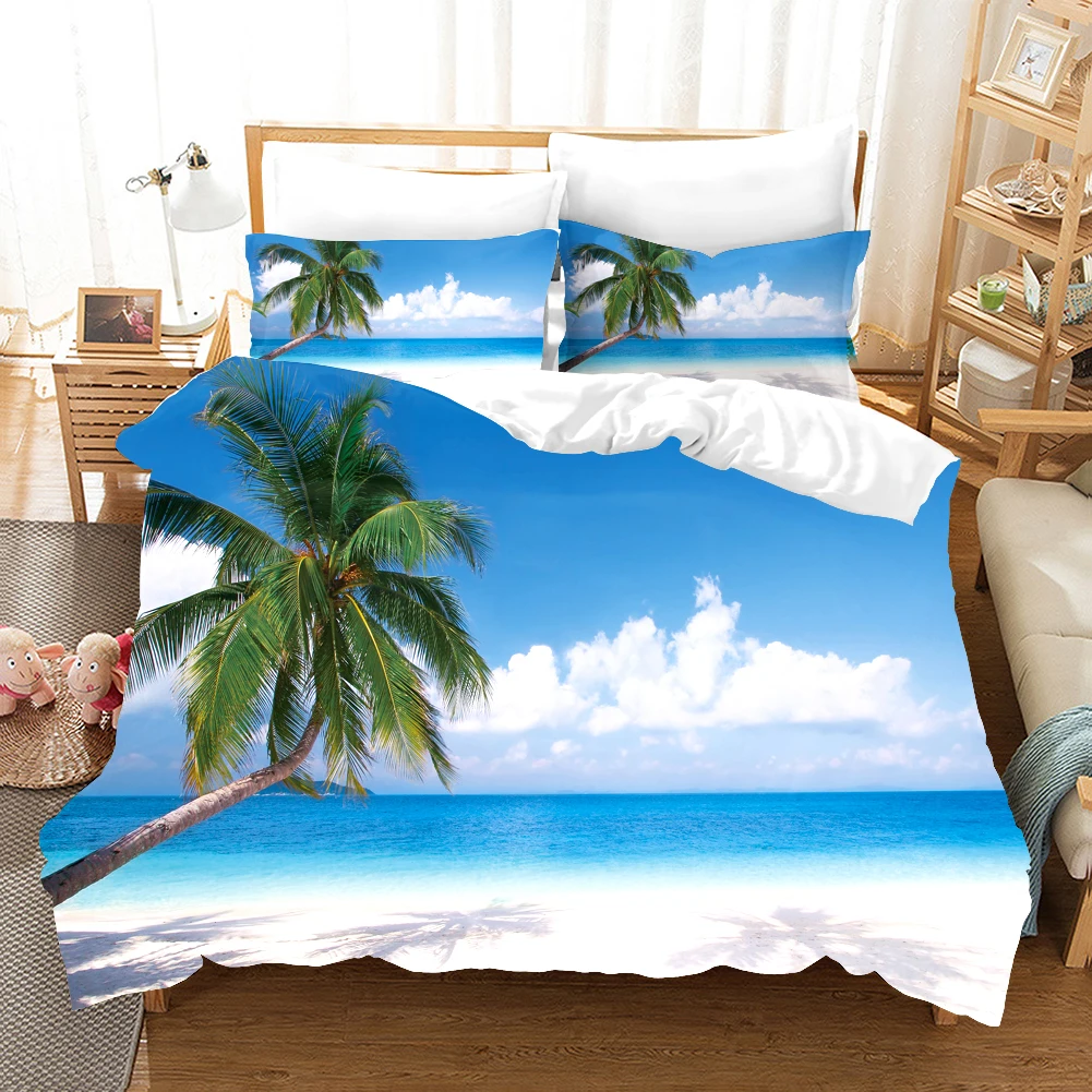 

Sea Starfish Bedding Set Tropical Island Palm Ocean Beach Sunset Microfiber Blue 2/3PCS Kids Adults Scenery Duvet Cover Set