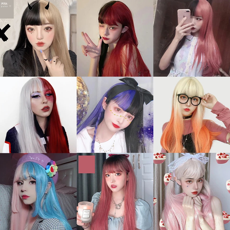 SHANGKE Synthetic Long Straight Cosplay Wig With Bangs Two Tone Ombre Kawaii Lolita Wigs For Women Natural Wig Daily Wigs