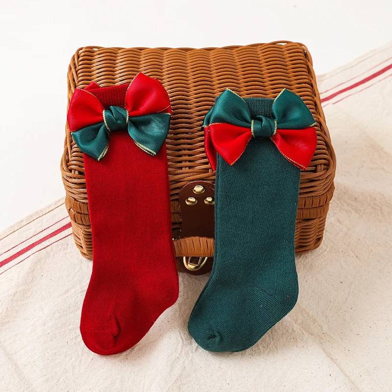 New Baby Girls Christmas Socks Toddler Big Bow Red Knee High Long Socks Soft Cotton Kids Sock Newborn Gift Socken For 0-5 Years