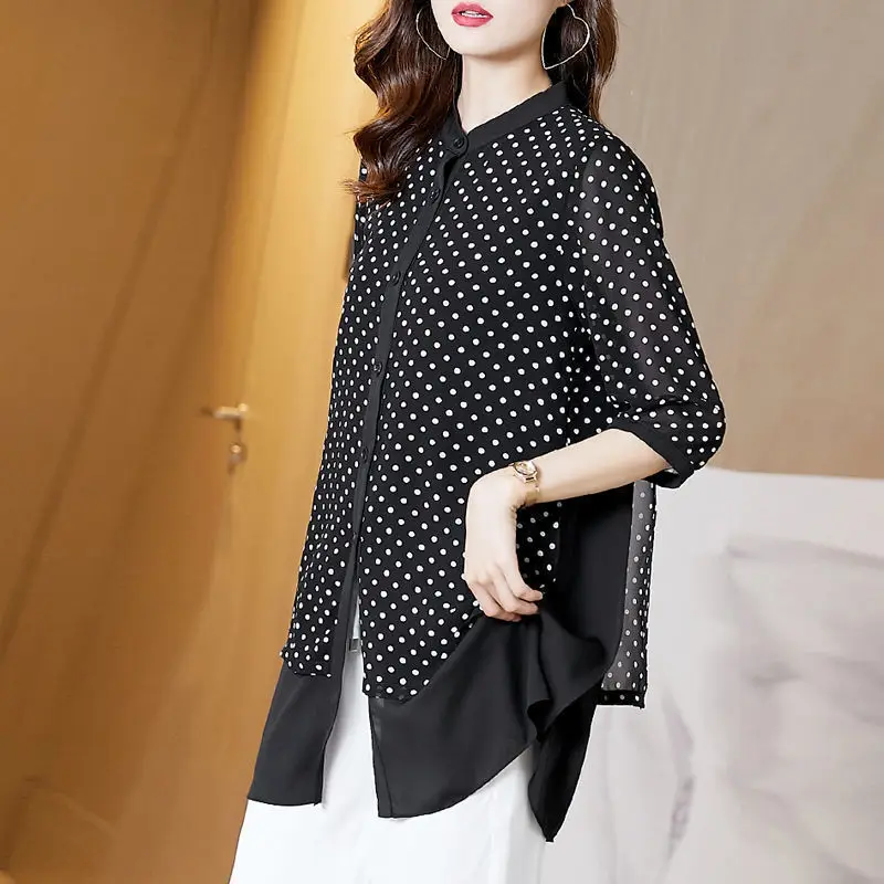 Summer Women Dots Print Chiffon Shirts Blouses Fake Two Pieces Large Size Loose Temperament Tops Mid-Length Blusas MM0316