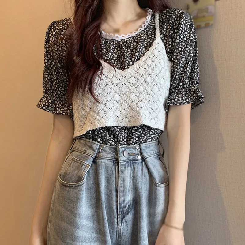 Summer Korea Style  Knitting Camisole Hollow Out T-Shirt Women Sleeveless Sweet Slim Sling Cross Camisole Tops