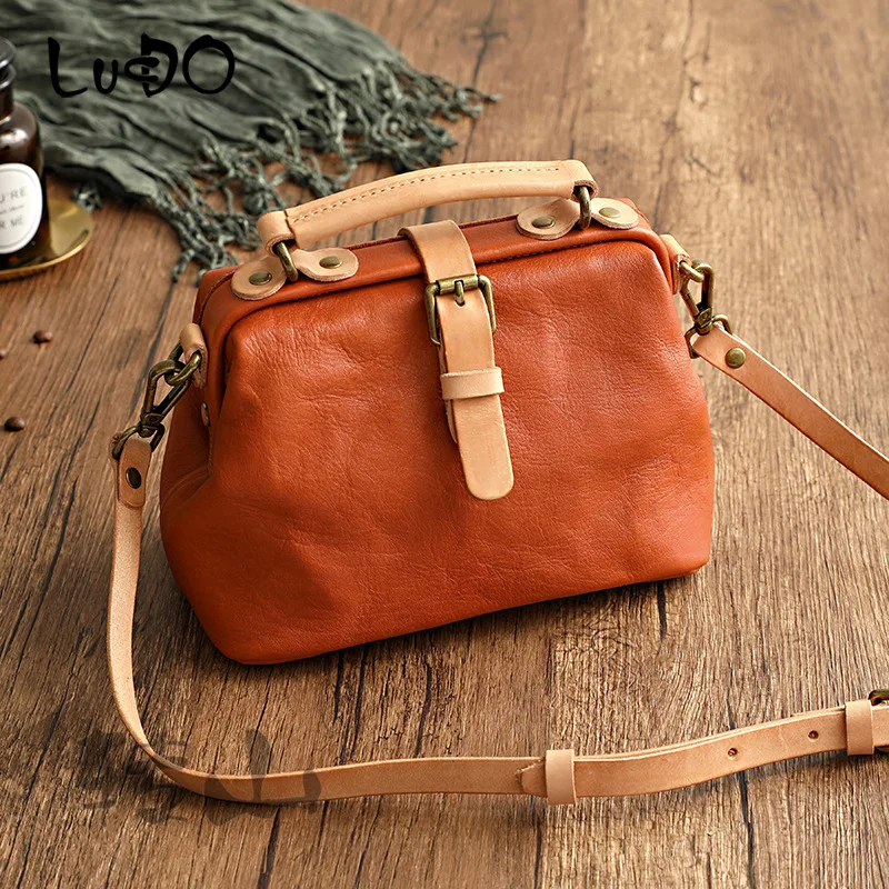 Handmade Genuine Leather Women Handbags Vintage Real Leather Doctor Bag Simple Retro Female Shoulder Messenger Bag New Original