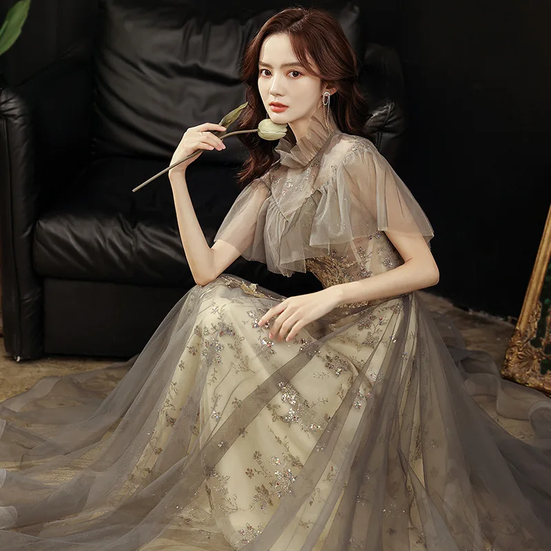 Sexy Mesh Evening Party Dress Elegant Pleated Cheongsam Vintage Bandage Ruffle Host Banquet Qipao Dreamy Princess Dresses Gown