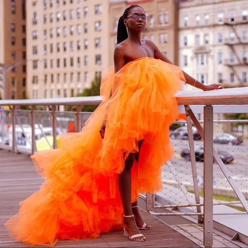 Prevalent Orange High Low Tulle Skirts Women 2020 Long Train Elastic Ruffles Tiered Long Tulle Skirt Summer Custom Made