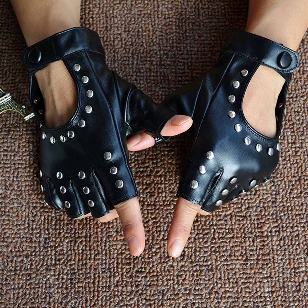 

1Pair Dance Rivets Gloves Y2K Harajuku Black PU Leather Half Finger Gloves Cycling Riding Accessories Gloves Halloween Gloves