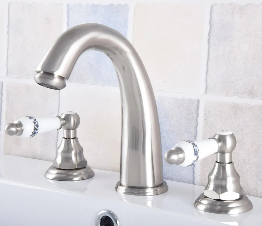 

Brushed Nickel Brass Deck Mounted Dual Handles Widespread Bathroom 3 Holes Basin Faucet Mixer Water Taps mnf692