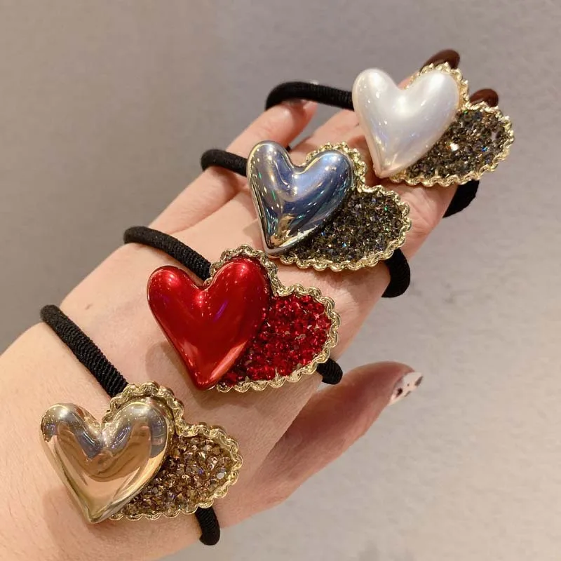 

Heart-shaped Rhinestone Hair Tie Hair Accessories For Women Shining Crystal Love Heart Elastic Hair Bands Scrunchies Wholesale