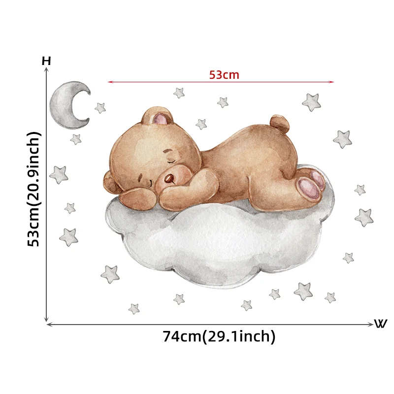 Watercolor Brown Bear Sleeping on the Grey Cloud with Moon and Sars Wall Stickers Baby Nursery Wall Decals for Kids Room Decor