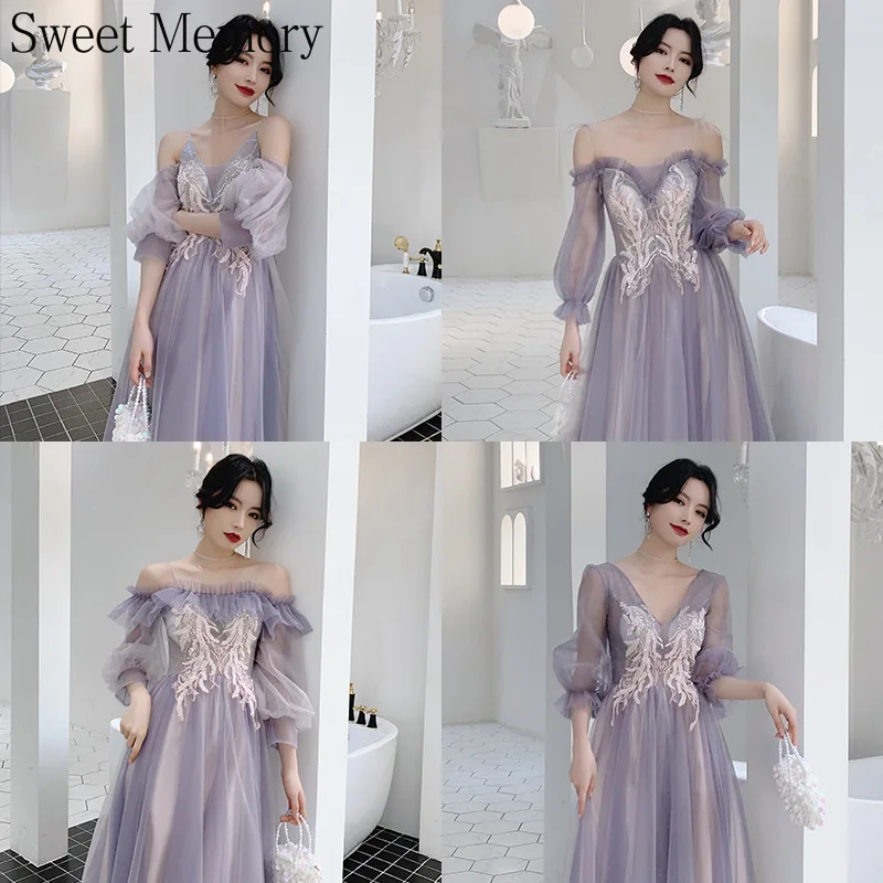 Sweet Memory New Purple Bridesmaid Party Dresses Women Tulle Lace Prom Wedding Party Evening Dress Girl Graduation Vestidos