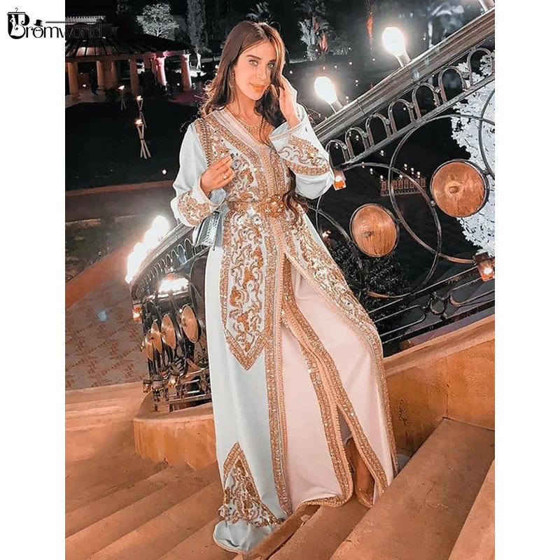 Light Blue Evening Kaftan Formal Dress Ladies Moroccan Caftan Gold Lace Plus Size Dubai Muslim Evening Dresses Long Luxury 2023