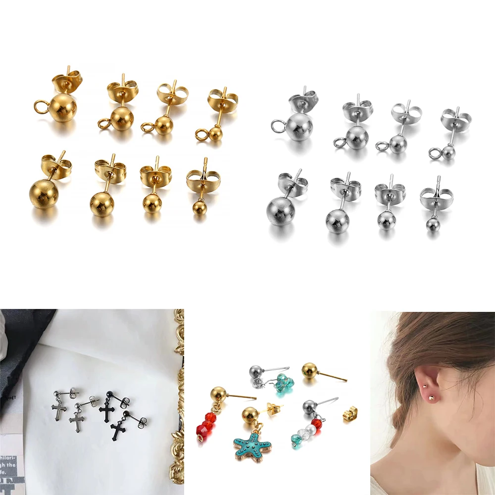 20Pcs/Lot Gold Stainless Steel 3 4 5 6mm Round Ball Earring Post Stud with Loop for DIY Earring Jewelry Making Supplies