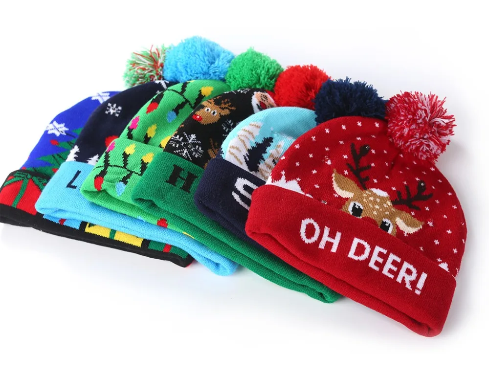 New Style! LED Christmas Hat Beanie Light Up Illuminate Warm Hat 48 Patterns New Year Snowman Sweater Hat Christmas Decorations
