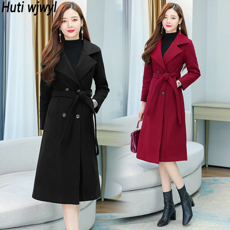 

High Quality Winter Cashmere Long Coat 2024 Vintage Autumn Plus Size Thicken Warm Woolen Coat Black Jacket Women Party Outwears