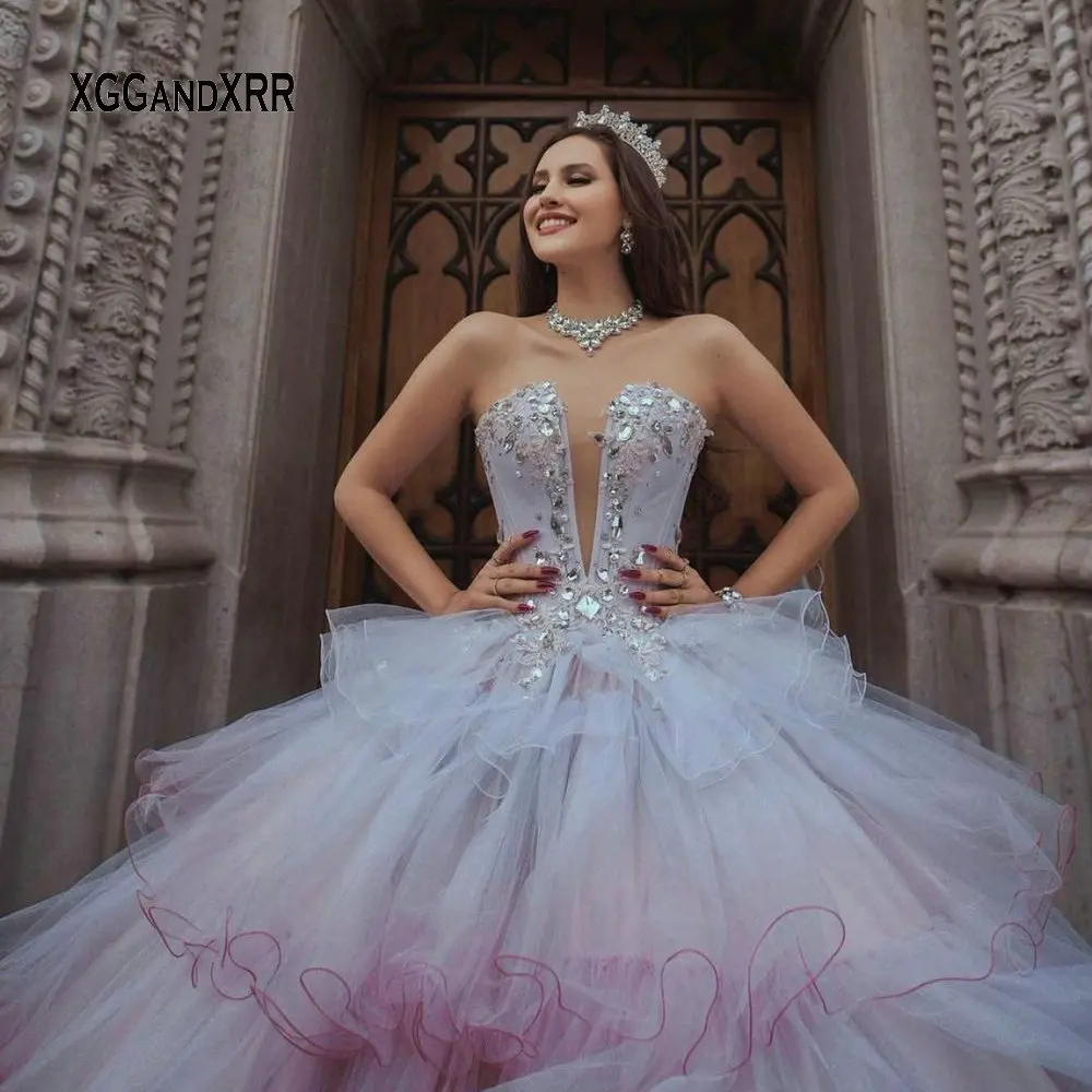 Best Ball Gown Quinceanrea Dresses 2023 Elegant Strapless Crystal Beaded Layers Birthday Party Gown Sweet 15 16 Princess Pageant