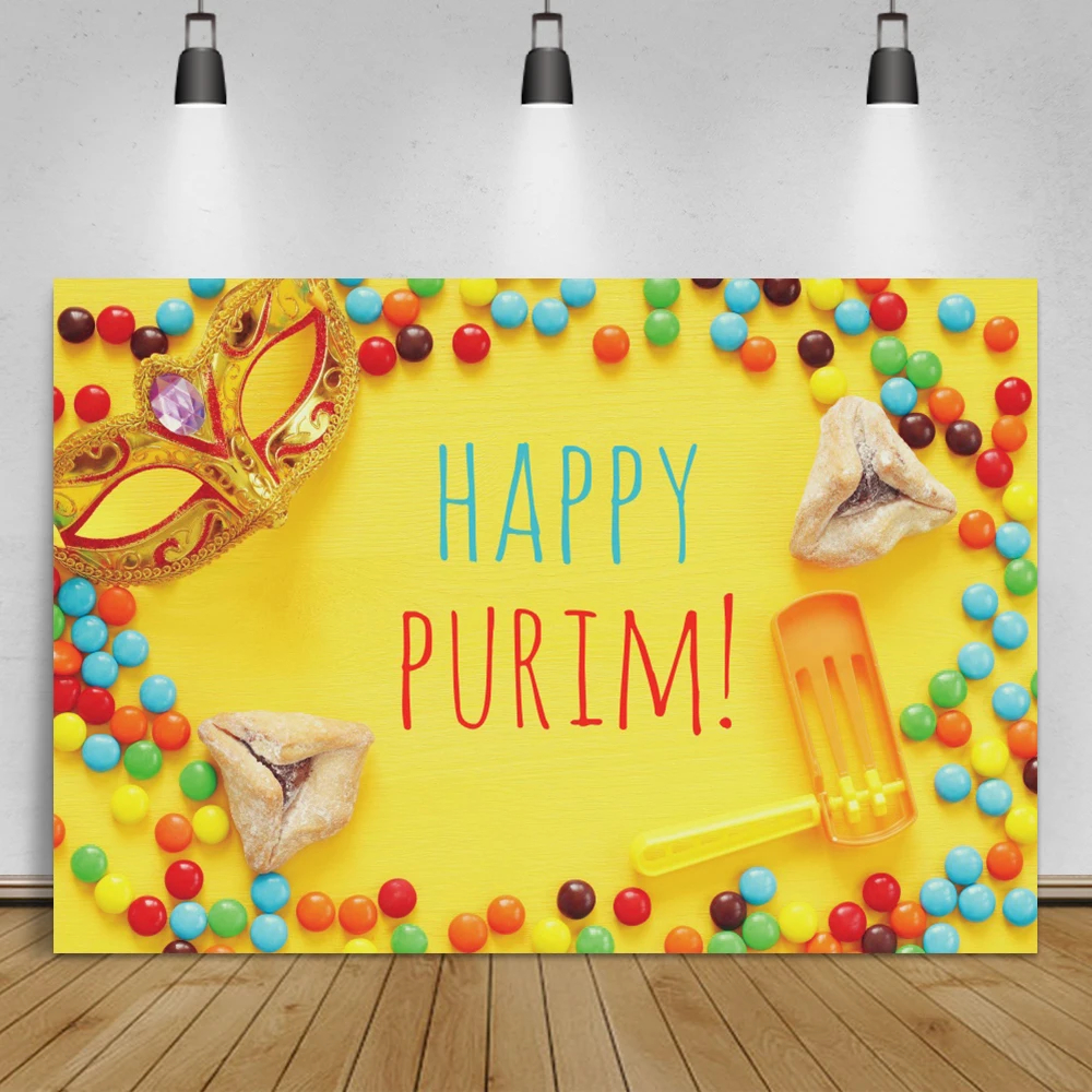 Laeacco-telón de fondo colorido para fotografía, cartel decorativo para fiesta, con temática de postre de caramelo, feliz Purim Oznei Haman