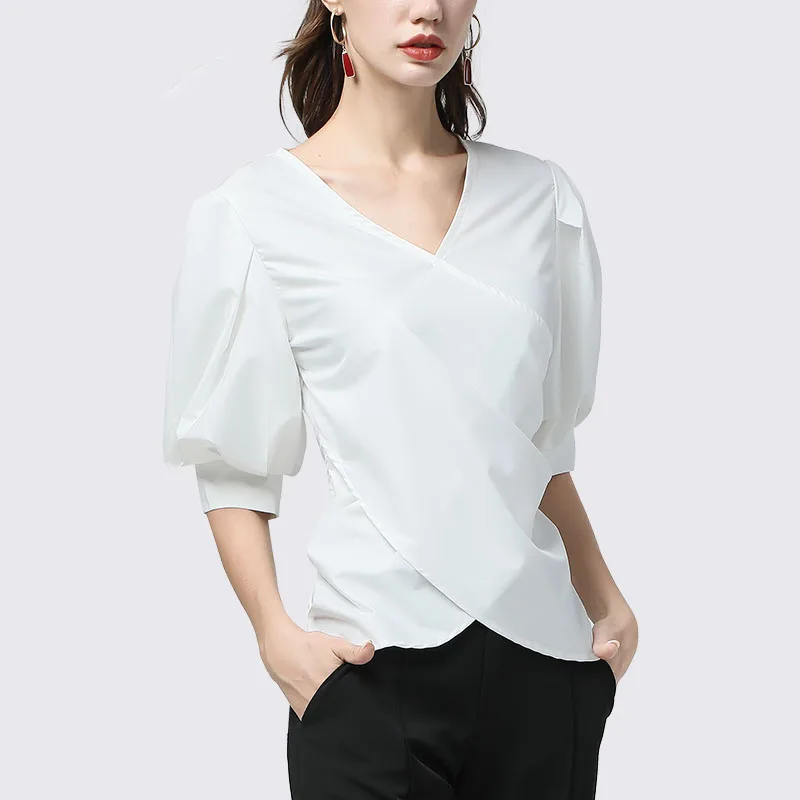 Chemise élégante à manches bouffantes pour femmes, nouveau Style français, manches courtes, grande taille, col en v, péplum, haut, mode dames, chemisiers de bureau, été