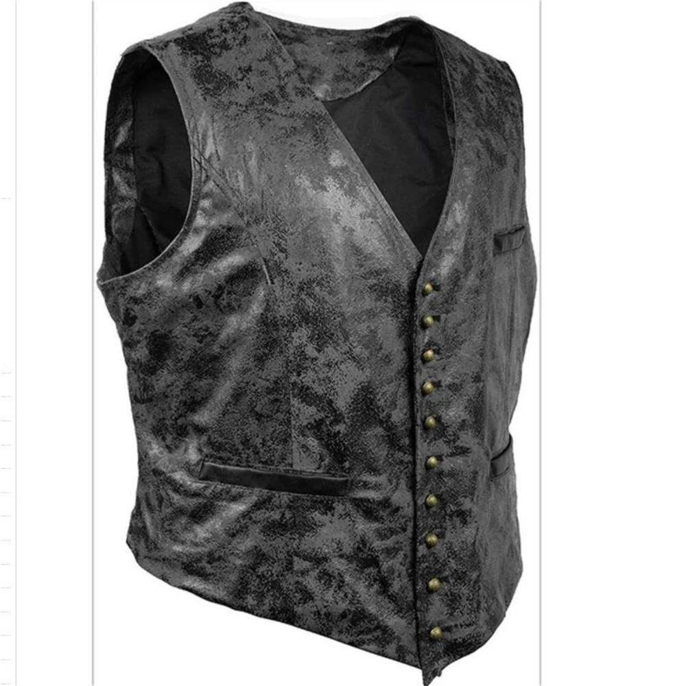 Mens Steampunk Cosplay Costume Vests Sleeveless Jackets New Rivet Button Faux Leather Cowboy Waist Coat Chalecos Para Hombre