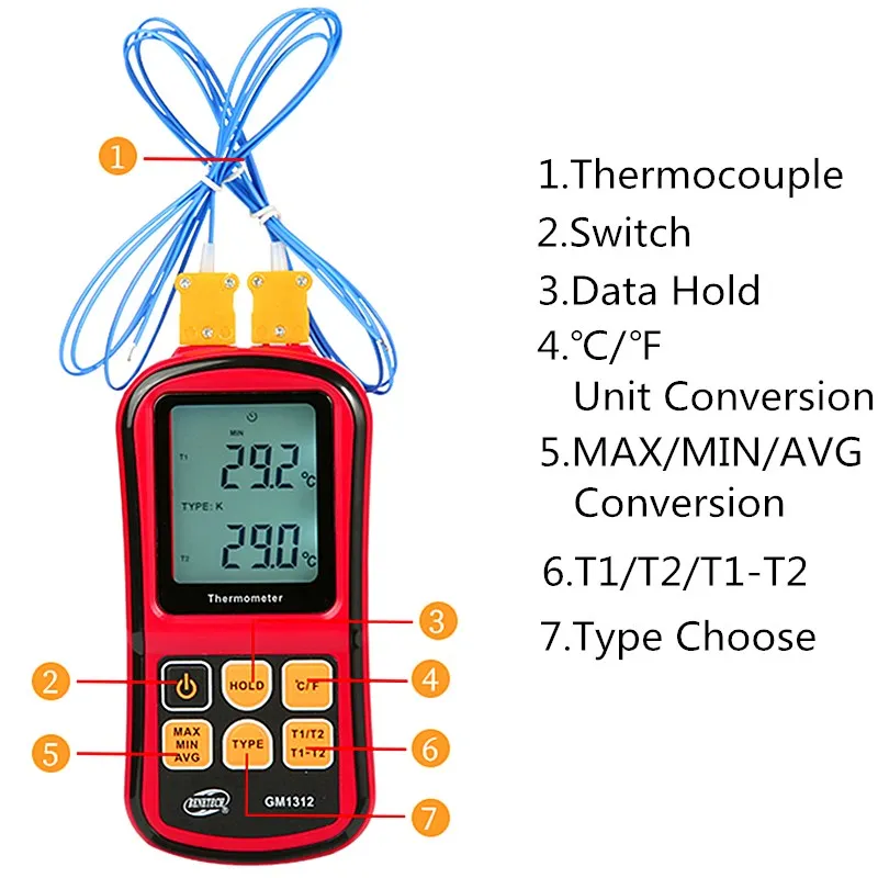 GM1312 Thermocouple Thermometer Temperature Meter Temp Tester TEMP Measure Tool -50~300℃ Temperature Meters With Backlight