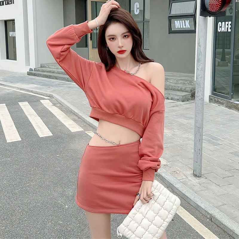 New 2022 Women Sets 2 Pieces Sexy Cropped Irregular Matching Mini Skirt Korean Fashionable Chic Autumn Winter Lady Suits WS9417