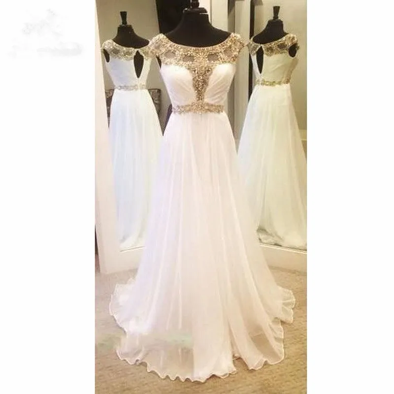 Robe de bal en mousseline de soie blanche, longue et scintillante, avec perles et cristaux, longueur au sol, robe de soirée formelle pour femmes, 2019