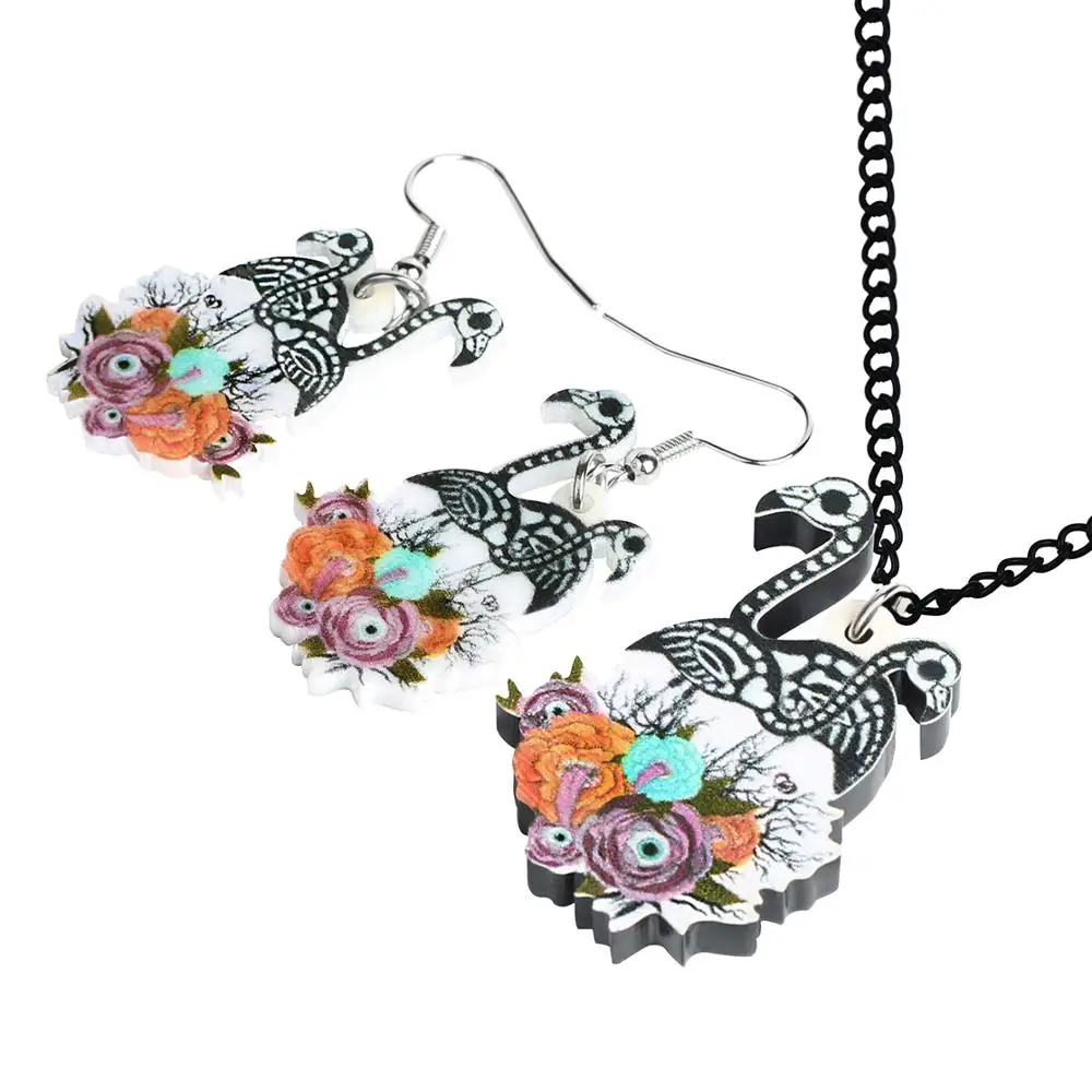 Bonsny Acryl Halloween Bloem Flamingo Skull Eyeball Sieraden Sets Festival Oorbellen Ketting Voor Vrouwen Kinderen Tieners Gift Charms