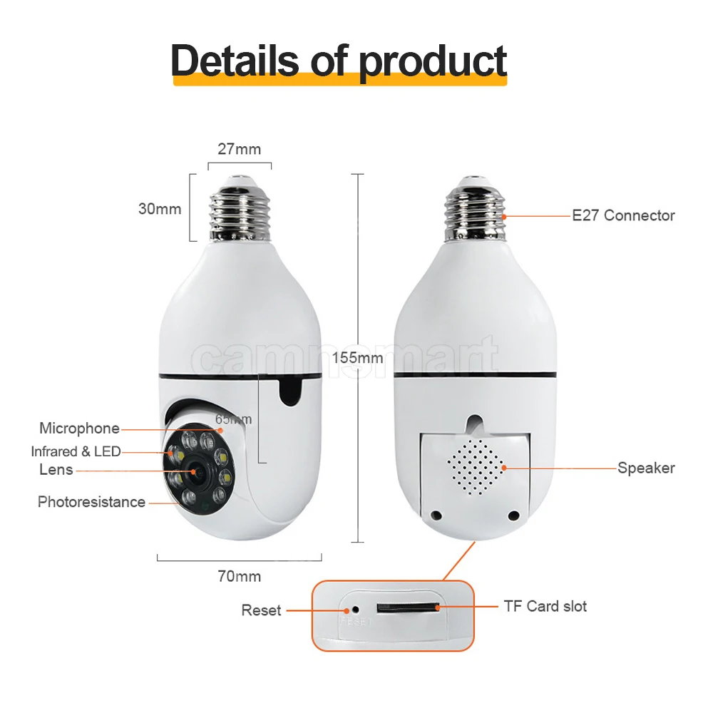 3MP Ycc365 Plus Wifi Camera Light Bulb Wireless Color Night Vision 4X Digital Zoom Auto Track Onvif Protocol Indoor Home Use