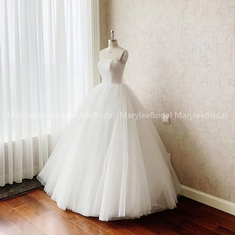 Robe de mariée princesse en Tulle, sans bretelles, blanc, longueur au sol, bon marché, modèle 100%, robe de mariée avec Photo réelle, 2019