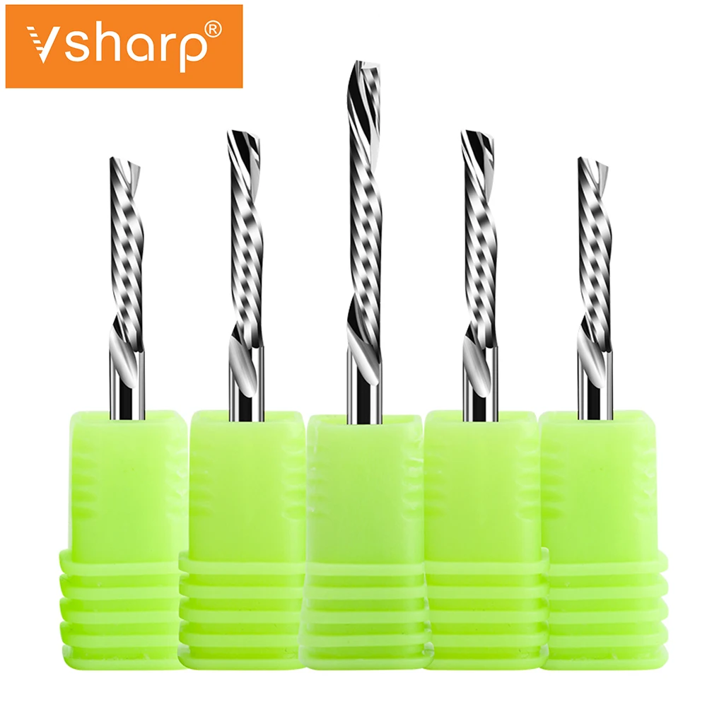 Vsharp AAA Left Spiral Milling Cutter Down Cut One Flute CNC End Mill 6 8 10 mm Shank Engraving Bits Tungsten Steel Acrylic