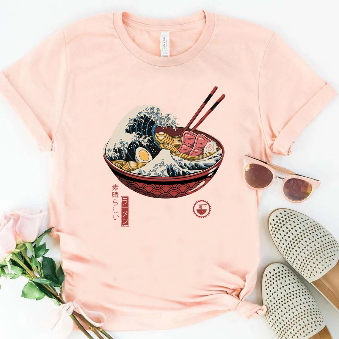 Great Ramen Wave T-Shirt Japanese Noodles Shirt Great Wave Off Kanagawa Inspired Tees Kawaii Anime Ramen Shirts Harajuku Tops