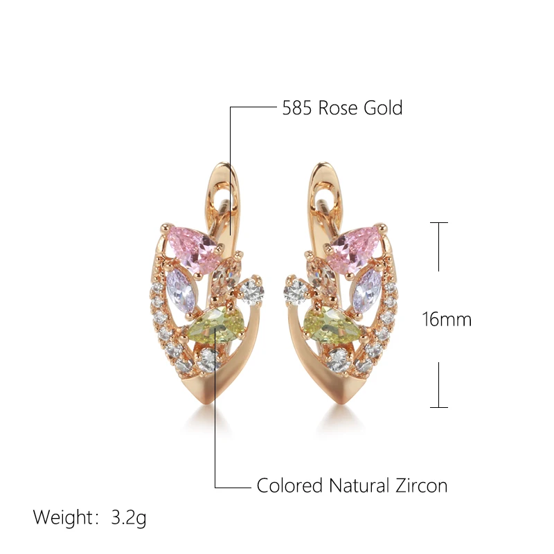 New Vintage Colorful Zircon Piercing Earrings 585 Rose Gold Fashion Drop Zircon Edge Arrangement CZ Earrings Fine Golden Jewelry