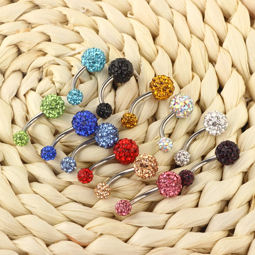 JUNLOWPY 14g Stainless Belly Button Rings Curved Barbell Banana Navel Bar Crystal Tragus Earring for Women Body Piercing Jewelry