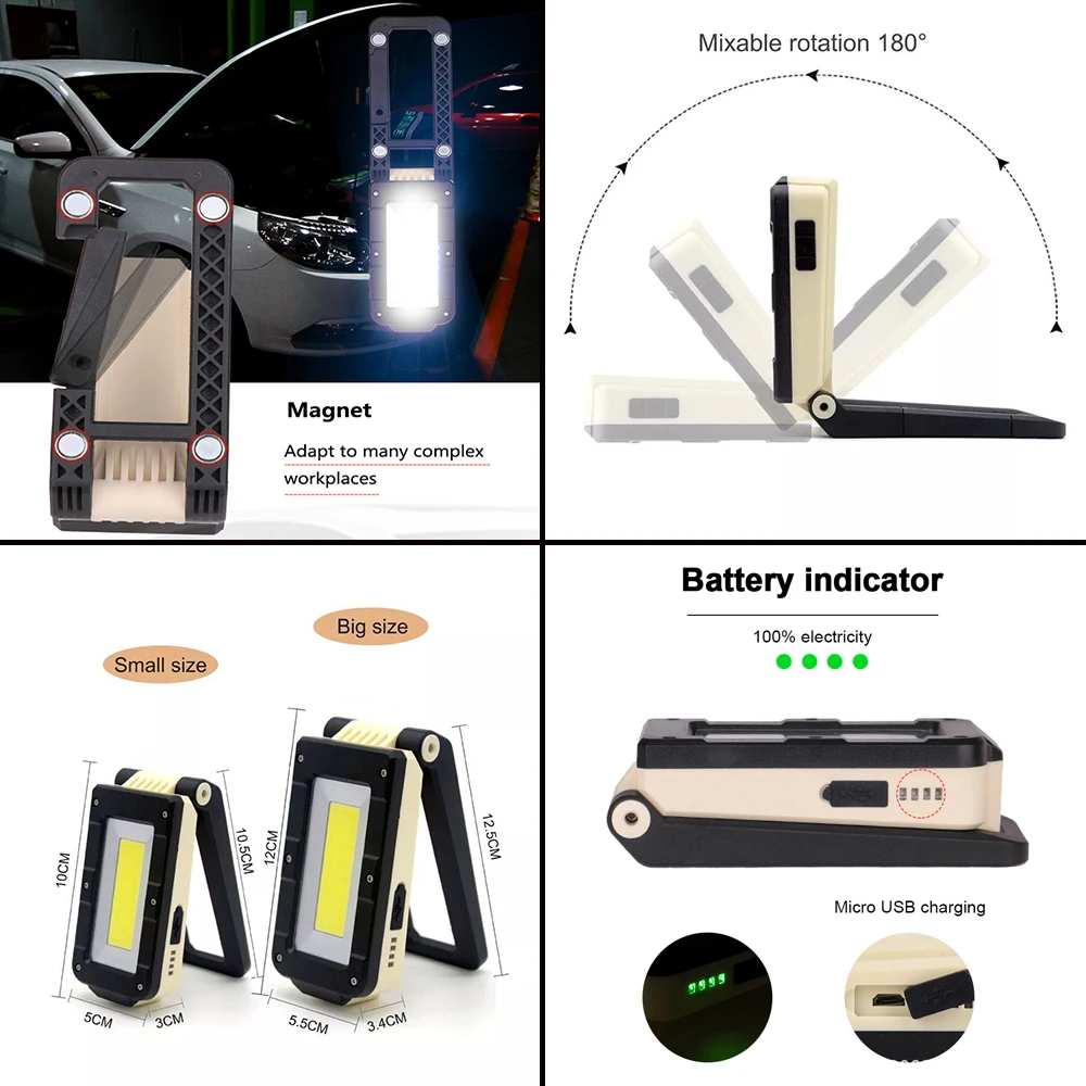 多機能cobワークライトusb充電式led懐中電灯180度調整可能なポータブル下部磁石デザインキャンプライト