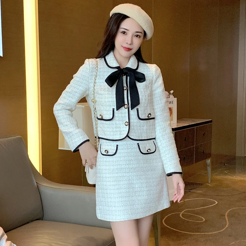 Runway Autumn Winter Tweed Two Piece Set Women Bowknot Lace-Up Woolen Short Jacket Coat + Casual A Line Skirt Suits