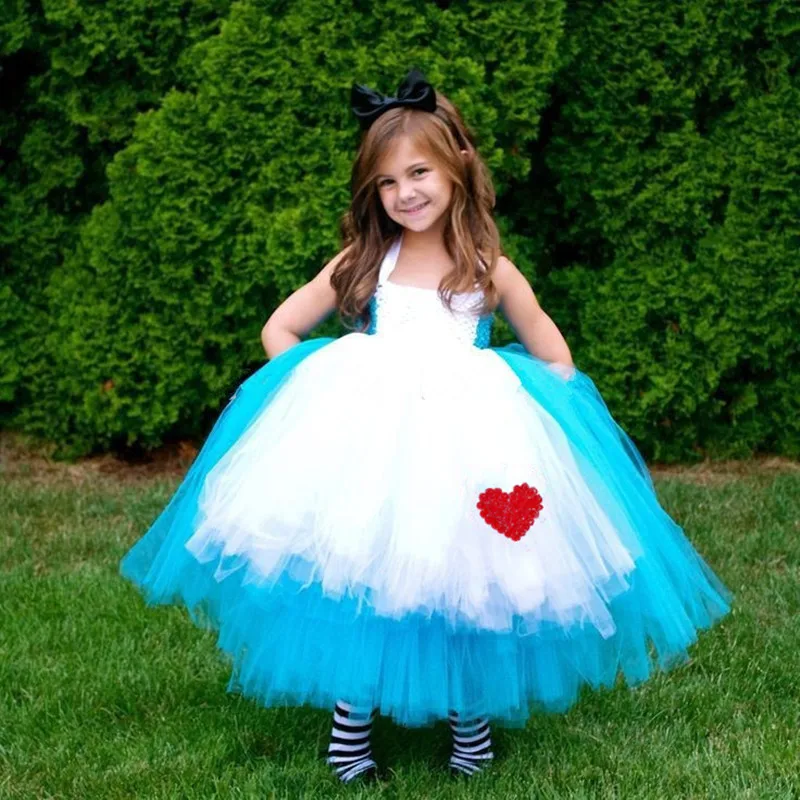 Girls Alice Tutu Dress Baby Turquoise White Tulle Dress Ball Gown with Red Heart and Hairbow Kids Cosplay Party Costume Dresses