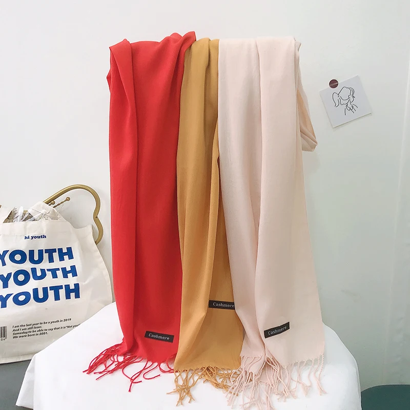 Solid Color Hijabs Cashmere Like Scarf Women Winter Warm Long Shawls And Wraps Hijab Scarves Pashmina Tassels Thin Headband